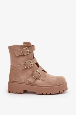 Ocieplane Botki Damskie Z Klamrami Beżowe Tiaeliana