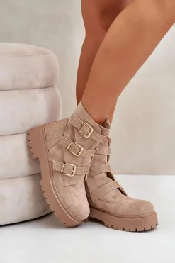 Ocieplane Botki Damskie Z Klamrami Beżowe Tiaeliana