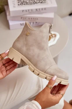 Ocieplane Botki Damskie Z Przetarciami Eko Skórzane Złote Verietta