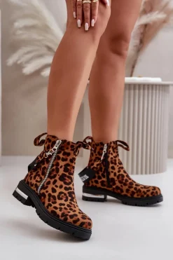 Ocieplane Botki Damskie Z Suwakiem Panterka Brązowe Calvaro