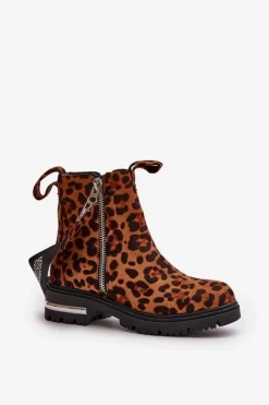 Ocieplane Botki Damskie Z Suwakiem Panterka Brązowe Calvaro