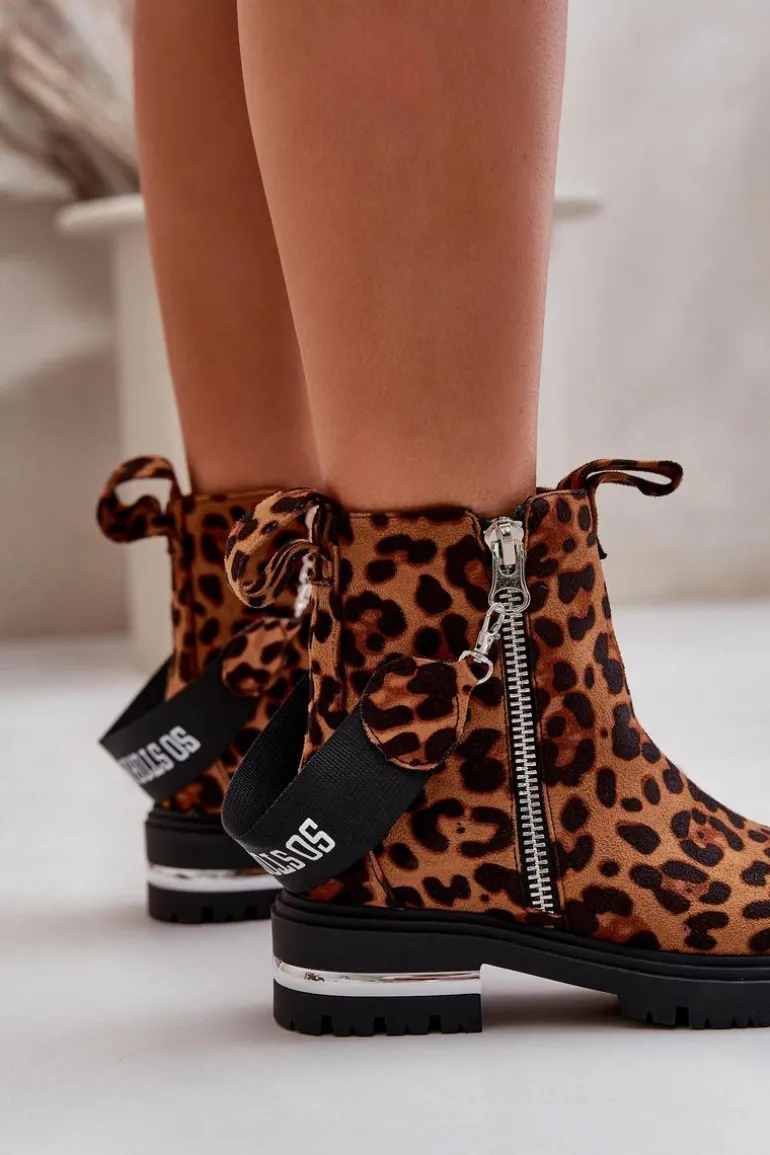 Ocieplane Botki Damskie Z Suwakiem Panterka Brązowe Calvaro