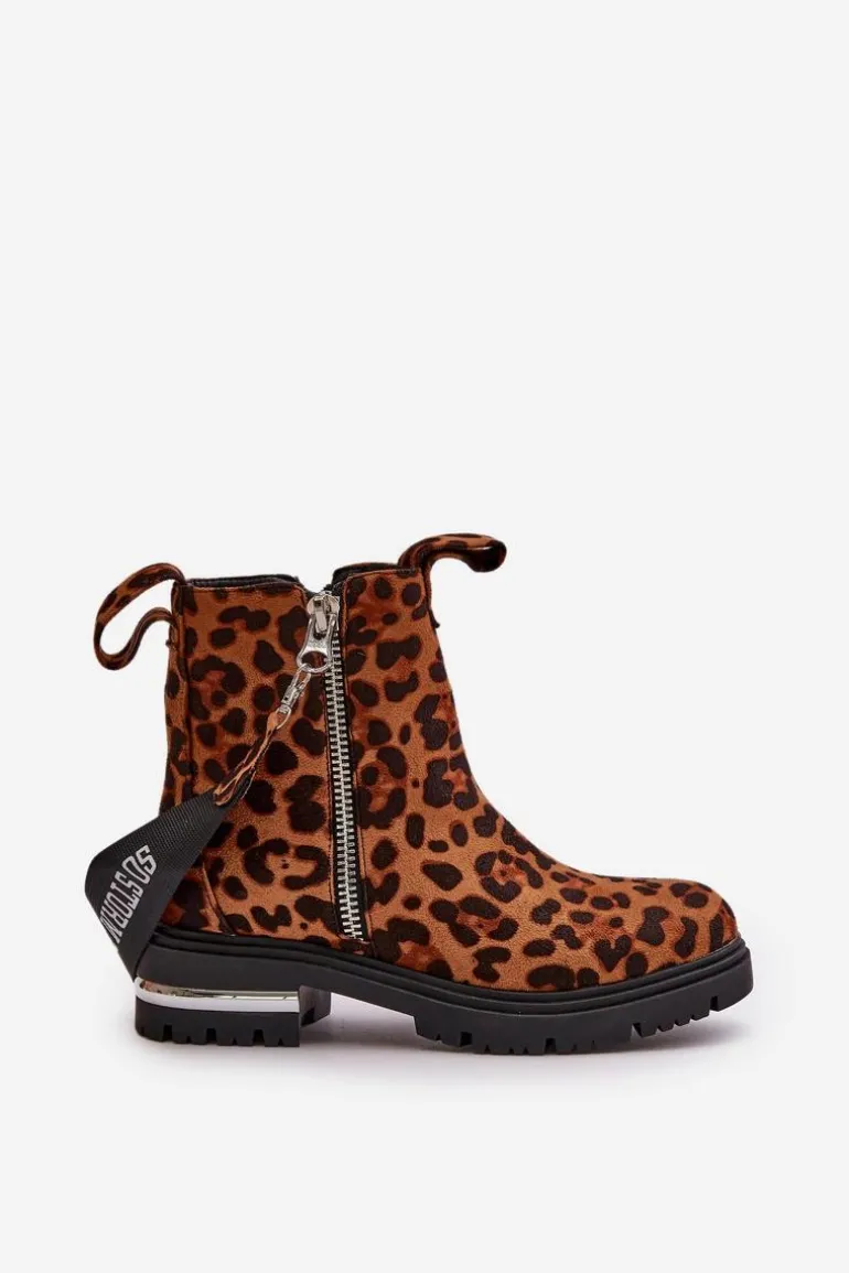 Ocieplane Botki Damskie Z Suwakiem Panterka Brązowe Calvaro