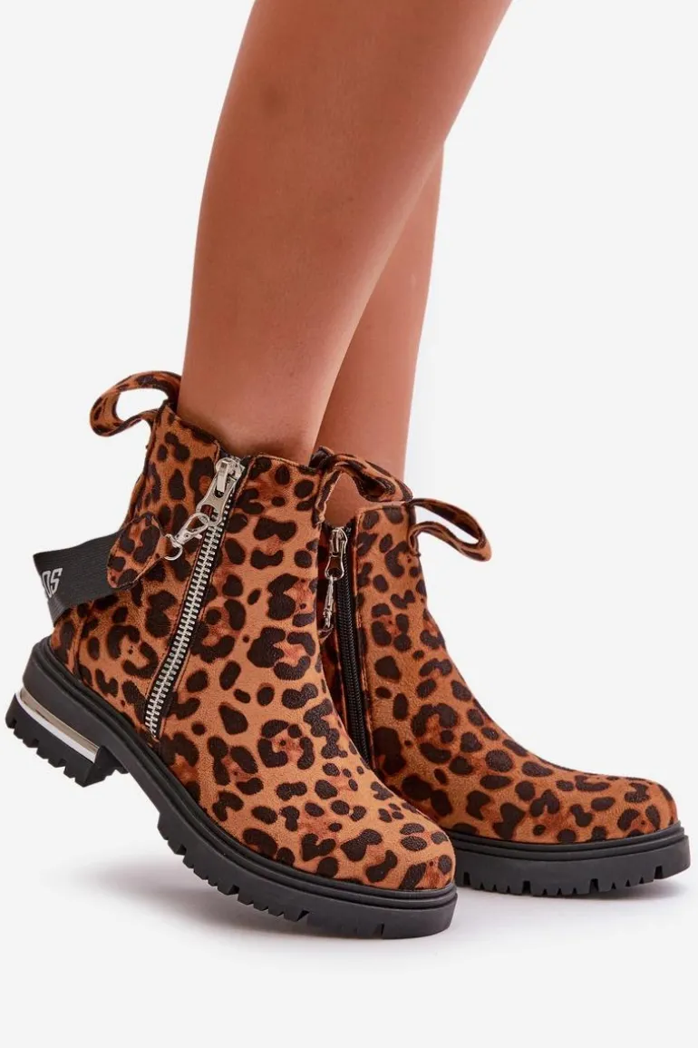 Ocieplane Botki Damskie Z Suwakiem Panterka Brązowe Calvaro