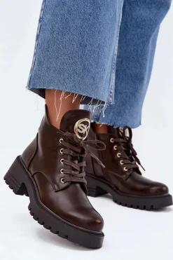 Ocieplane Botki Damskie Ze Złotym Detalem Czekoladowe Kavirae