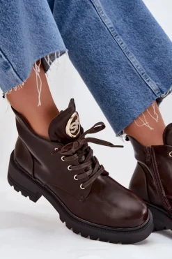 Ocieplane Botki Damskie Ze Złotym Detalem Czekoladowe Kavirae