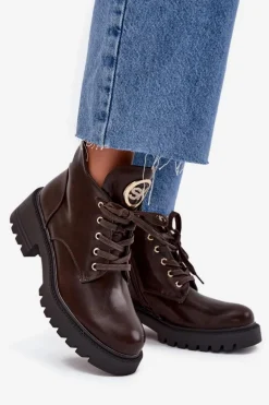 Ocieplane Botki Damskie Ze Złotym Detalem Czekoladowe Kavirae
