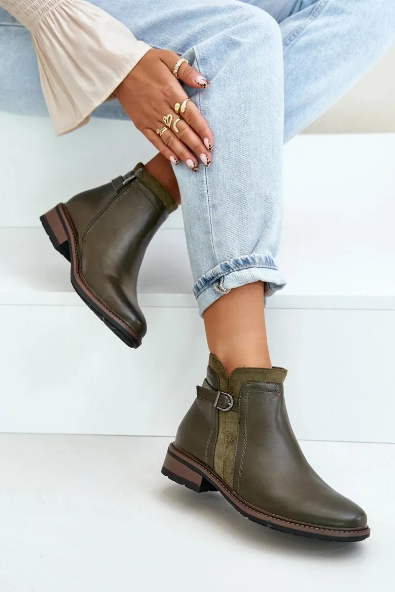 Ocieplane Botki Damskie Z Niską Cholewką Na Zamek Eko Skórzane Ciemnozielone Taitha