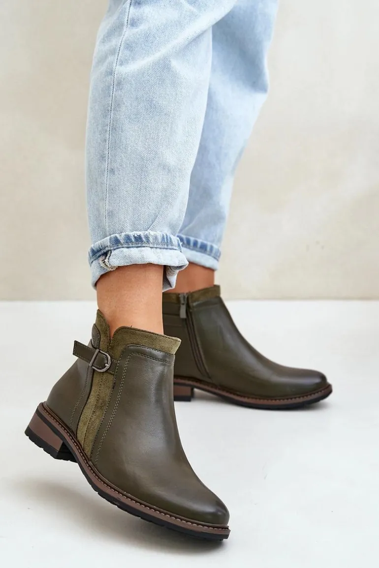 Ocieplane Botki Damskie Z Niską Cholewką Na Zamek Eko Skórzane Ciemnozielone Taitha