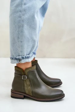 Ocieplane Botki Damskie Z Niską Cholewką Na Zamek Eko Skórzane Ciemnozielone Taitha