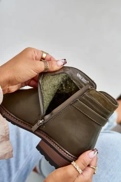 Ocieplane Botki Damskie Z Niską Cholewką Na Zamek Eko Skórzane Ciemnozielone Taitha