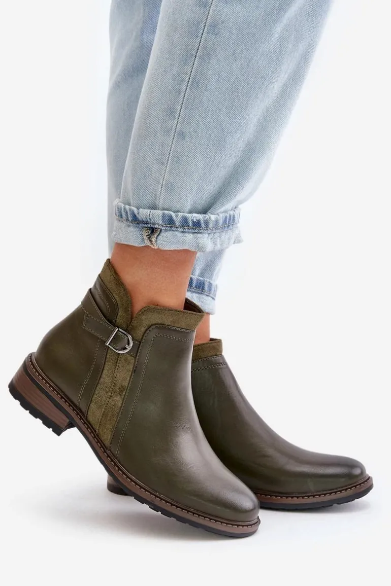 Ocieplane Botki Damskie Z Niską Cholewką Na Zamek Eko Skórzane Ciemnozielone Taitha