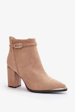 Ocieplane Botki Damskie Z Noskami W Szpic Na Słupku Beżowe Laoreina