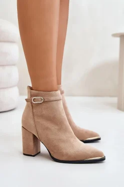 Ocieplane Botki Damskie Z Noskami W Szpic Na Słupku Beżowe Laoreina