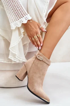 Ocieplane Botki Damskie Z Noskami W Szpic Na Słupku Beżowe Laoreina