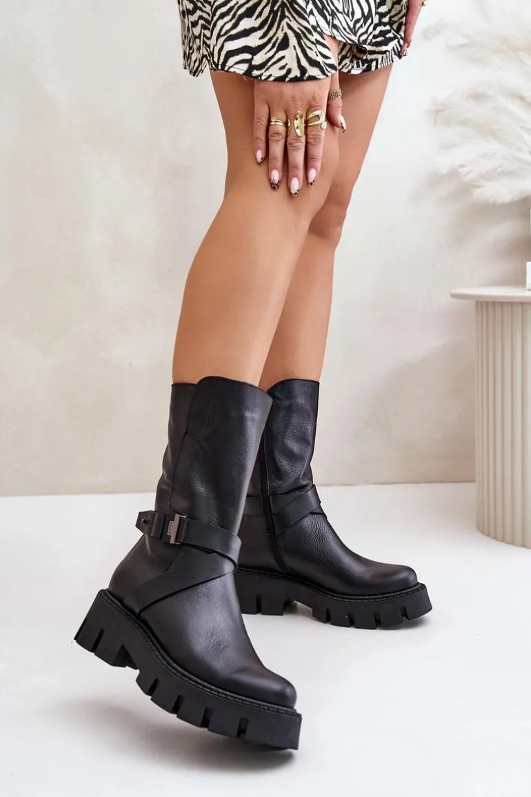 Ocieplane Botki Damskie Ze Skóry Naturalnej Laura Messi 2859 Czarne