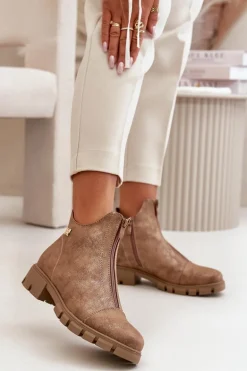 Ocieplane Botki Damskie Z Przetarciami Eko Skórzane Brązowo-Złote Verietta