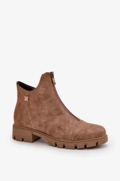 Ocieplane Botki Damskie Z Przetarciami Eko Skórzane Brązowo-Złote Verietta