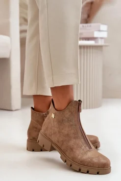 Ocieplane Botki Damskie Z Przetarciami Eko Skórzane Brązowo-Złote Verietta