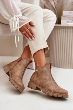 Ocieplane Botki Damskie Z Przetarciami Eko Skórzane Brązowo-Złote Verietta