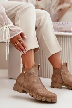 Ocieplane Botki Damskie Z Przetarciami Eko Skórzane Brązowo-Złote Verietta