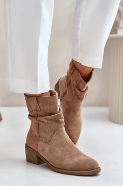 Ocieplane Botki Damskie Z Marszczoną Cholewką Na Niskim Obcasie Beżowe Zinanya