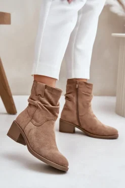 Ocieplane Botki Damskie Z Marszczoną Cholewką Na Niskim Obcasie Beżowe Zinanya