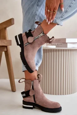 Ocieplane Botki Damskie Z Suwakiem Ciemnobeżowe Calvaro
