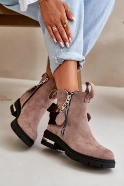 Ocieplane Botki Damskie Z Suwakiem Ciemnobeżowe Calvaro