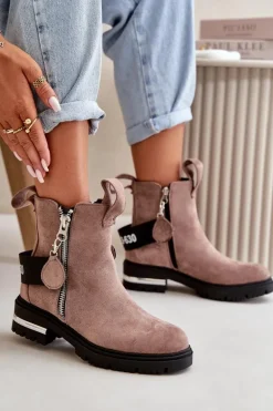 Ocieplane Botki Damskie Z Suwakiem Ciemnobeżowe Calvaro