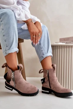 Ocieplane Botki Damskie Z Suwakiem Ciemnobeżowe Calvaro