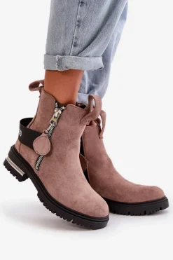 Ocieplane Botki Damskie Z Suwakiem Ciemnobeżowe Calvaro