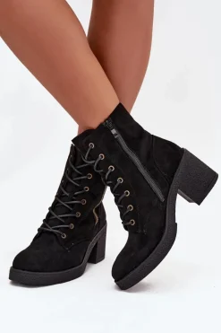 Ocieplane Botki Damskie Ze Sznurowaniem I Suwakami Czarne Paressa