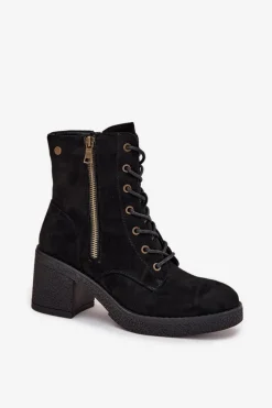 Ocieplane Botki Damskie Ze Sznurowaniem I Suwakami Czarne Paressa