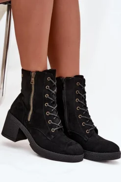 Ocieplane Botki Damskie Ze Sznurowaniem I Suwakami Czarne Paressa