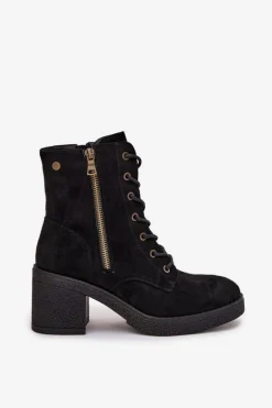 Ocieplane Botki Damskie Ze Sznurowaniem I Suwakami Czarne Paressa