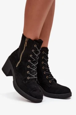 Ocieplane Botki Damskie Ze Sznurowaniem I Suwakami Czarne Paressa
