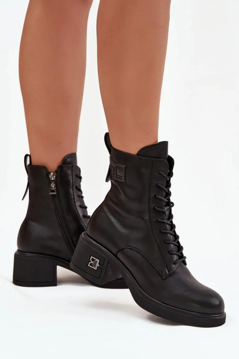 Ocieplane Botki Damskie Z Naturalnej Skóry Na Klocku Vinceza 66819 Czarne