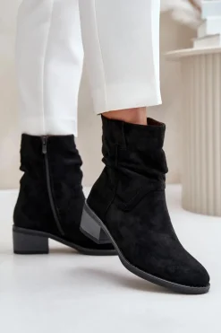 Ocieplane Botki Damskie Z Marszczoną Cholewką Na Niskim Obcasie Czarne Zinanya