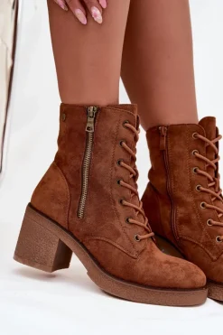 Ocieplane Botki Damskie Ze Sznurowaniem I Suwakami Camel Paressa