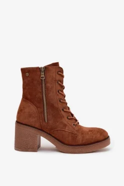 Ocieplane Botki Damskie Ze Sznurowaniem I Suwakami Camel Paressa