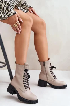 Ocieplane Botki Damskie Ze Skóry Naturalnej Vinceza 66671 Beżowe