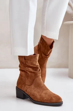 Ocieplane Botki Damskie Z Marszczoną Cholewką Na Niskim Obcasie Camel Zinanya