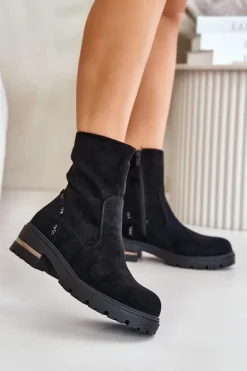 Ocieplane Botki Damskie Z Eko Zamszu Na Zamek Czarne Narilie