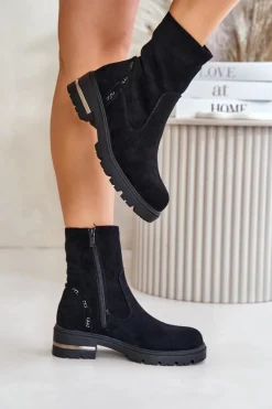 Ocieplane Botki Damskie Z Eko Zamszu Na Zamek Czarne Narilie