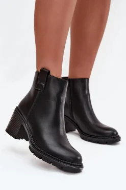 Ocieplane Botki Damskie Z Eko Skóry Na Obcasie Czarne Alvena