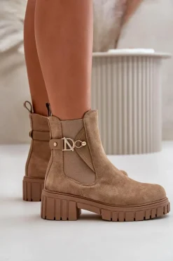 Ocieplane Botki Damskie Ze Złotym Detalem Eko Zamszowe Beżowe Bervena