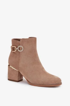 Ocieplane Botki Damskie Ze Złotymi Detalami Na Słupku Beżowe Dorisse