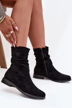Ocieplane Botki Damskie Z Marszczoną Cholewką Na Płaskim Obcasie Czarne Krisia