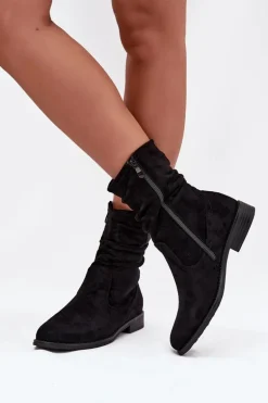 Ocieplane Botki Damskie Z Marszczoną Cholewką Na Płaskim Obcasie Czarne Krisia
